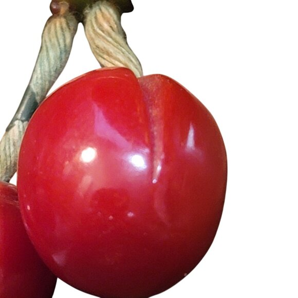 Vintage Bakelite Cherry Brooch Pin Red Cherries Green Leaf Design Retro Fruit - Picture 9 of 14